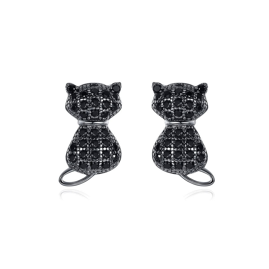 Black Crystal Cat 925 Sterling Silver Stud Earrings