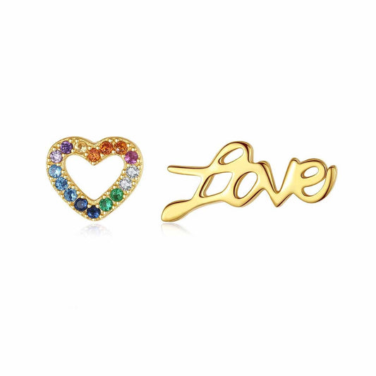 Asymmetrical Colorful CZ Heart and Letter Sterling Silver Stud Earrings