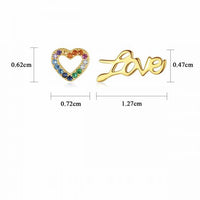 Asymmetrical Colorful Crystal Heart and Letter Sterling Silver Stud Earrings