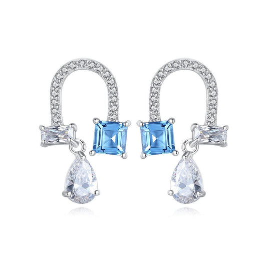 Blue Created Topaz Waterdrop U-Shape Sterling Silver Earrings
