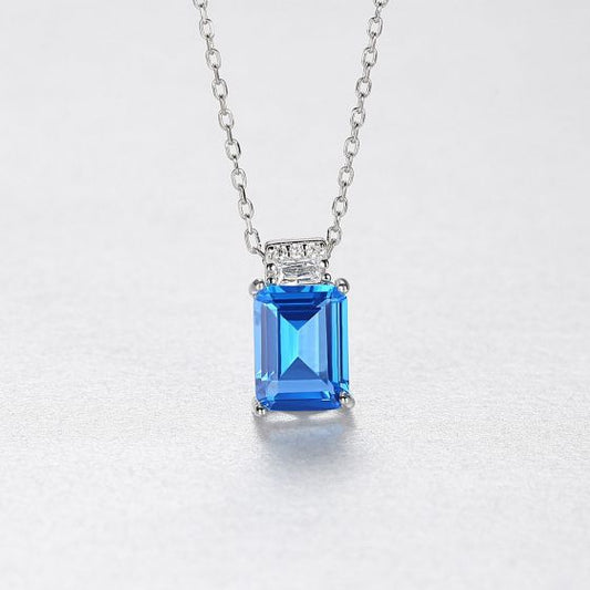 Blue CZ Baguette Geometry Necklace, 925 Sterling Silver