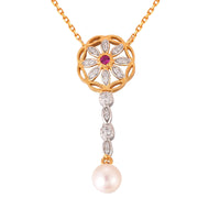 Created Ruby and Pearl Flower Necklace in 925 Sterling Silver