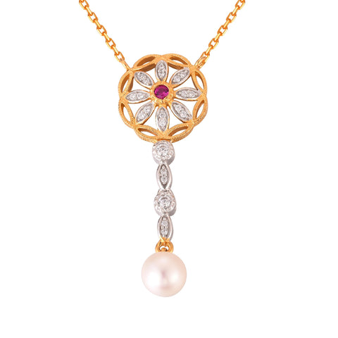 Created Ruby and Pearl Flower Necklace in 925 Sterling Silver
