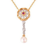 Created Ruby and Pearl Flower Necklace in 925 Sterling Silver