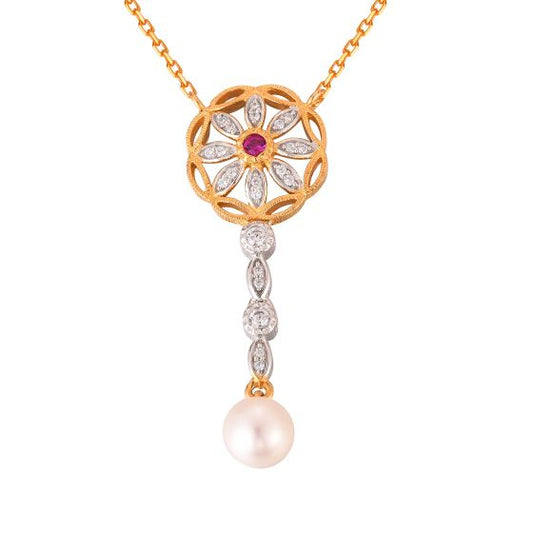 Created Ruby and Pearl Flower Necklace in 925 Sterling Silver