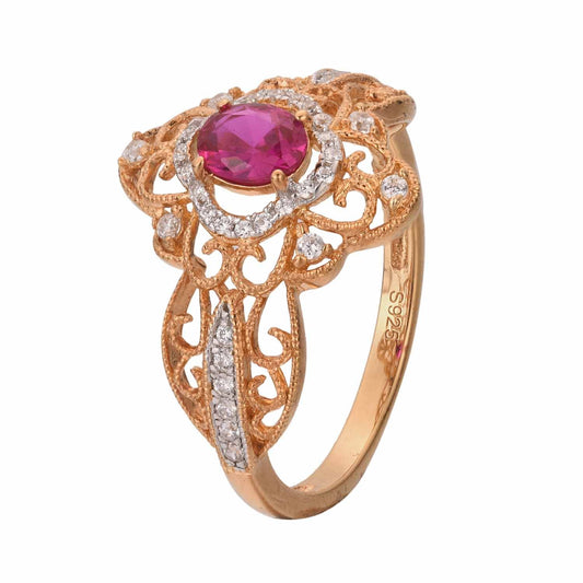 Created Ruby CZ Flower Ring in 925 Sterling Silver