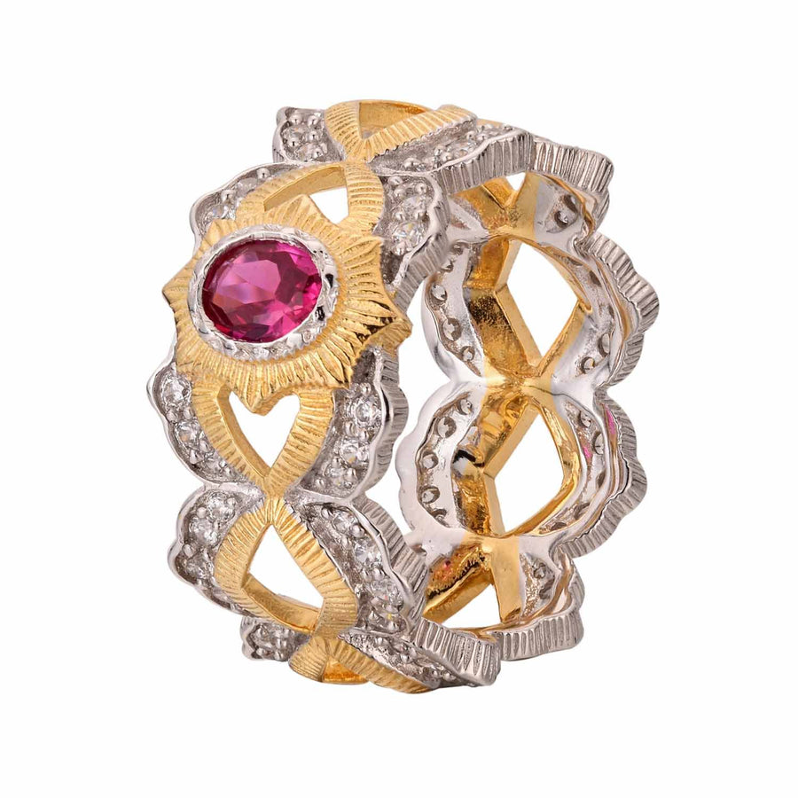 Oval Created Ruby Sun Cross Ring in 925 Sterling Silver