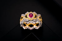 Oval Created Ruby Sun Cross Ring in 925 Sterling Silver