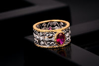 Holiday Oval Created Ruby Carved 925 Sterling Silver Ring