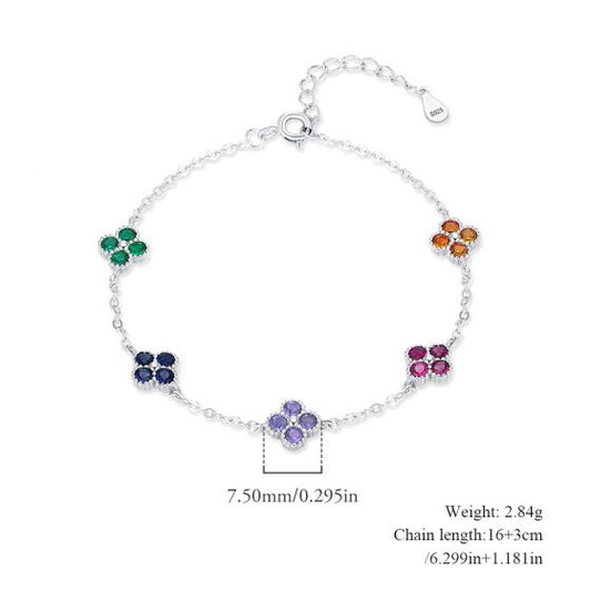 Colorful Four-Leaf Clover Cubic Zirconia Bracelet in 925 Sterling Silver
