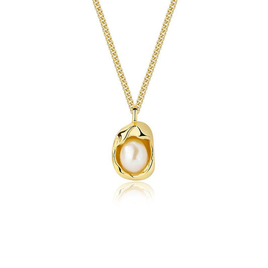 Geometric Shell Pearl Pendant Necklace in 925 Sterling Silver