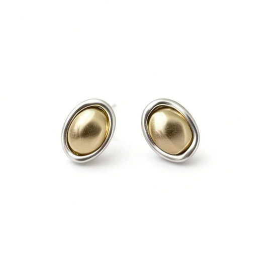 Geometric Gold and Silver Oval Stud Earrings