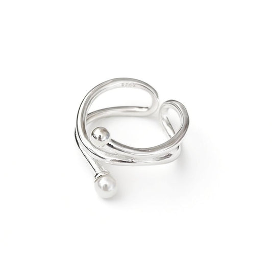 Double Layer Pearl Geometric Ring 925 Sterling Silver
