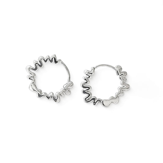 Geometric Textured Wave Sterling Silver Hoop Earrings