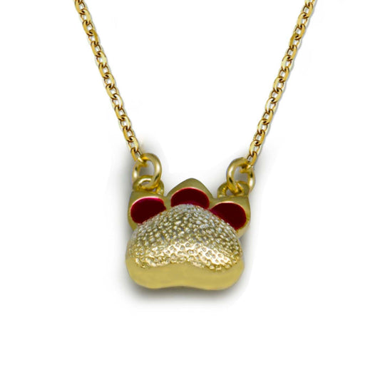 18K Yellow Gold Cat Pendant with Red Paw 925 Sterling Silver Necklace