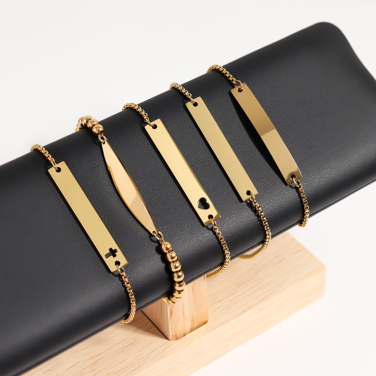 18K Gold PVD Stainless Steel Adjustable Cross Cutout Bar Bracelet