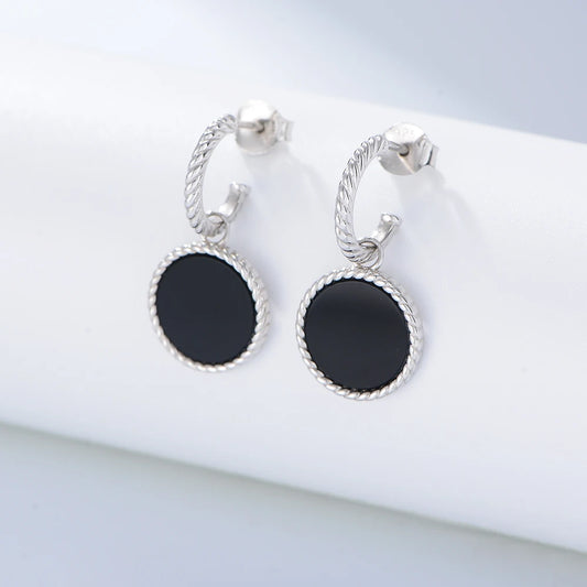 Sterling Silver Natural Black Agate Dangle Earrings