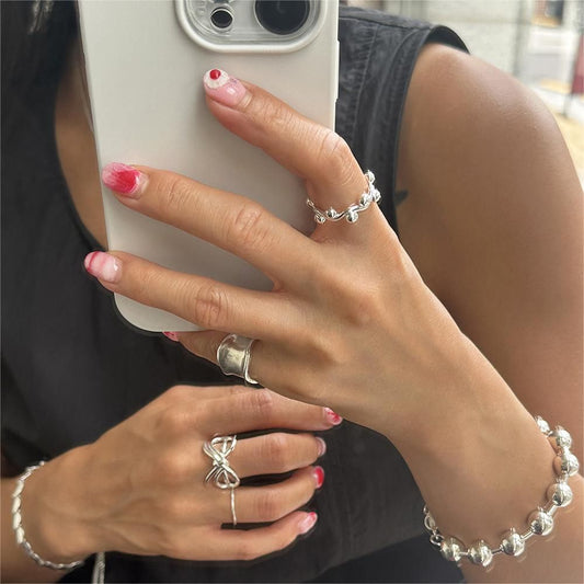 Adjustable Irregular Round Bead Ring, 925 Sterling Silver