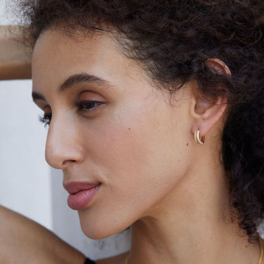 Gold Textured Hoop Earrings with Cubic Zirconia