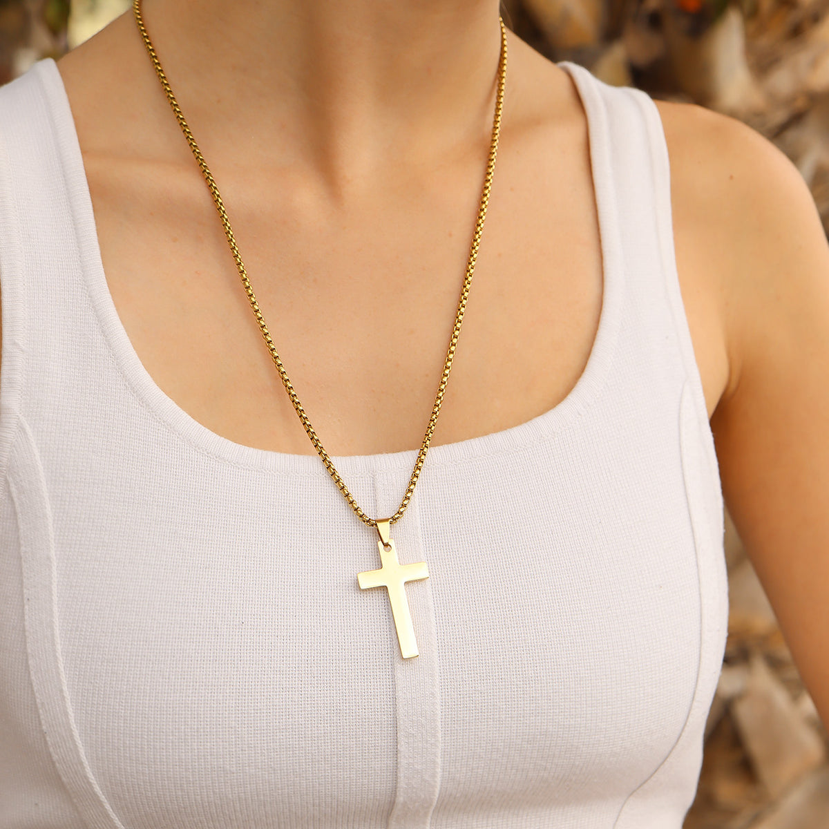 18K Gold PVD Stainless Steel Cross Pendant with Rounded Box Chain