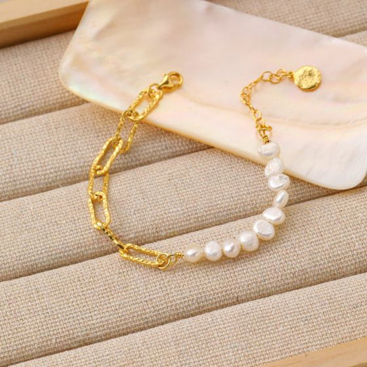 Irregular Hollow Chain Pearl Bracelet in 925 Sterling Silver