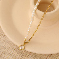 Irregular Natural Pearl Necklace with Round Crystal in 925 Sterling Silver