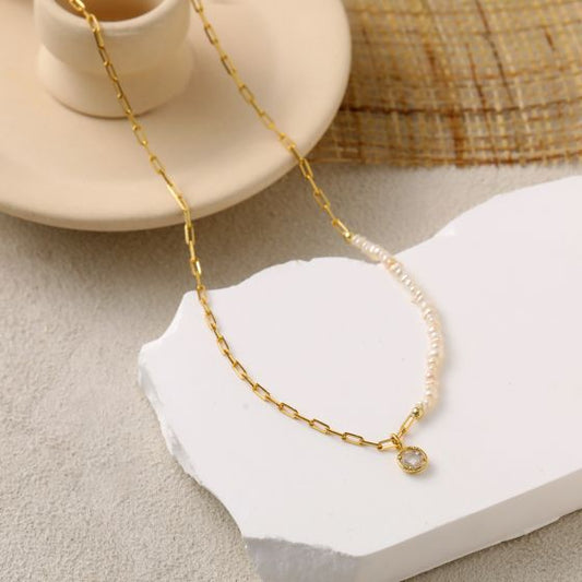 Irregular Natural Pearl Necklace with Round CZ in 925 Sterling Silver