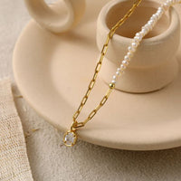 Irregular Natural Pearl Necklace with Round Crystal in 925 Sterling Silver