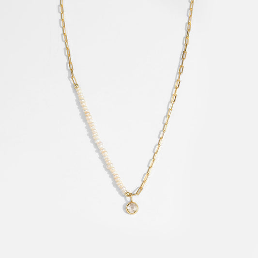 Irregular Natural Pearl Necklace with Round CZ in 925 Sterling Silver