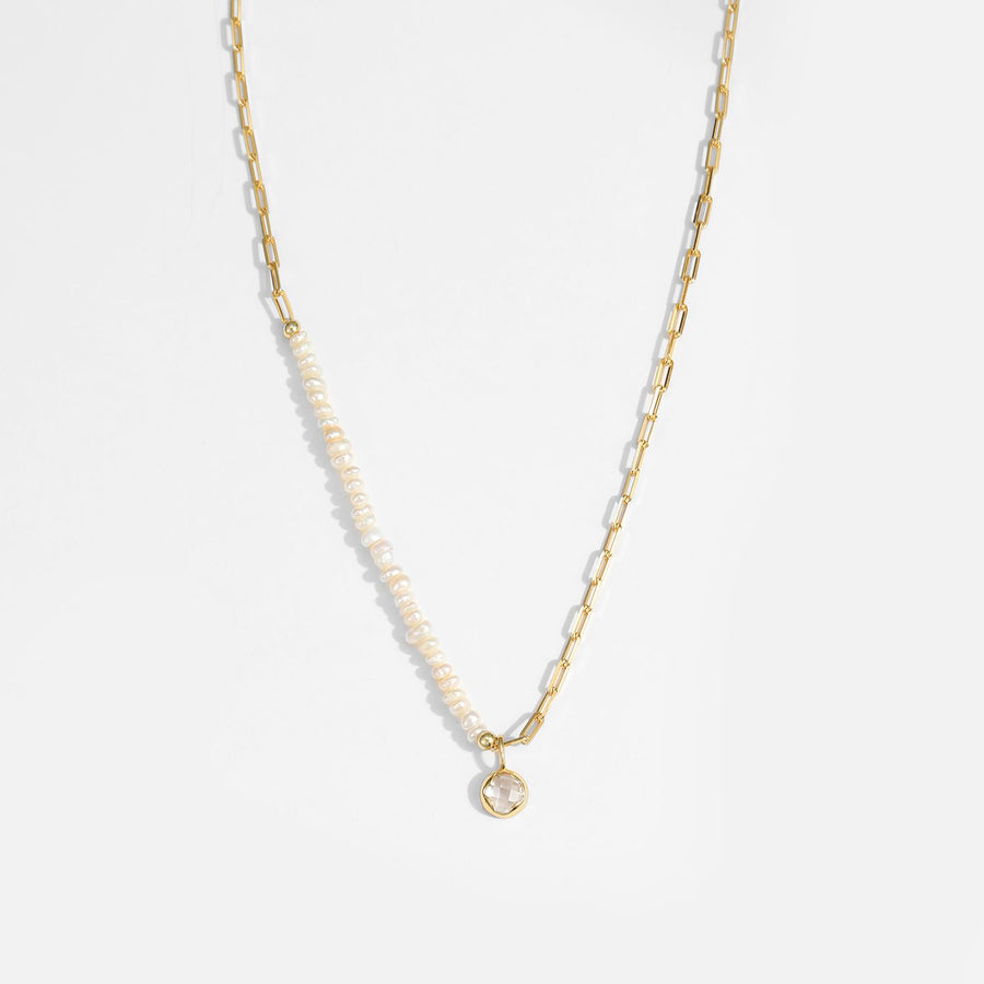 Irregular Natural Pearl Necklace with Round Crystal in 925 Sterling Silver