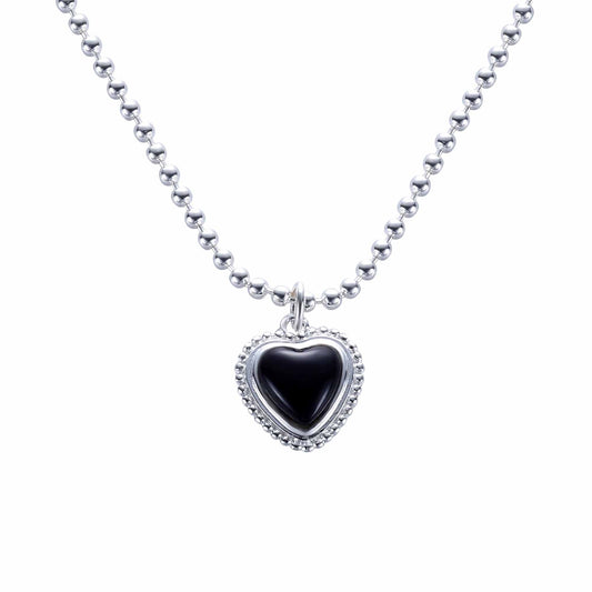 Black Agate Heart Necklace, 925 Sterling Silver