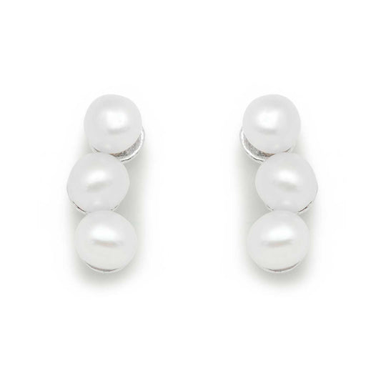 Three Half-Round Natural White Pearl Sterling Silver Stud Earrings