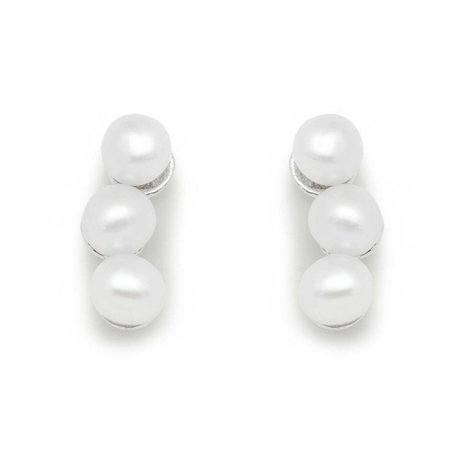 Three Half-Round Natural White Pearl Sterling Silver Stud Earrings