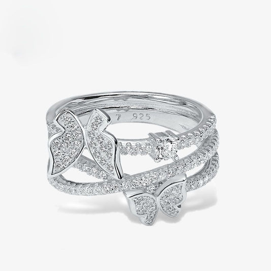 Micro-Set CZ Butterfly Triple-Layer Cross Ring