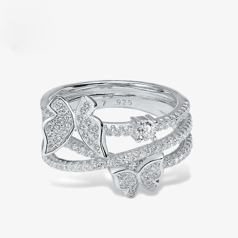 Micro-Set Crystal Butterfly Triple-Layer Cross Ring