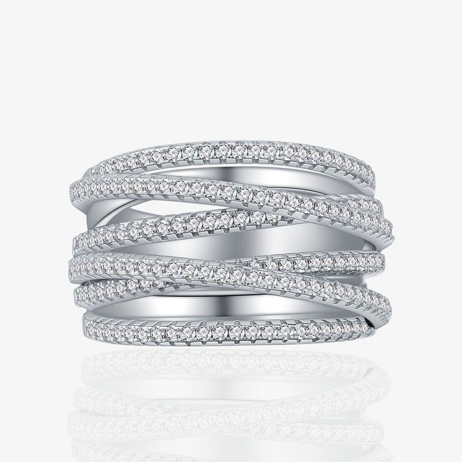Multi-Layer Crystal Cross Wide Sterling Silver Adjustable Ring