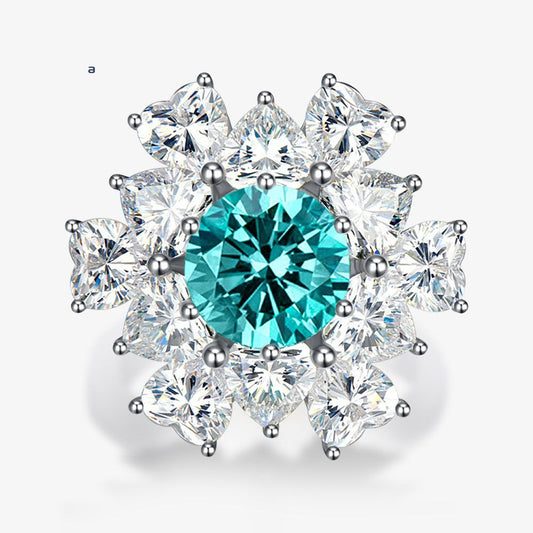 Paraiba Emerald Created High Carbon Diamond Ring, 8mm, 925 Sterling Silver