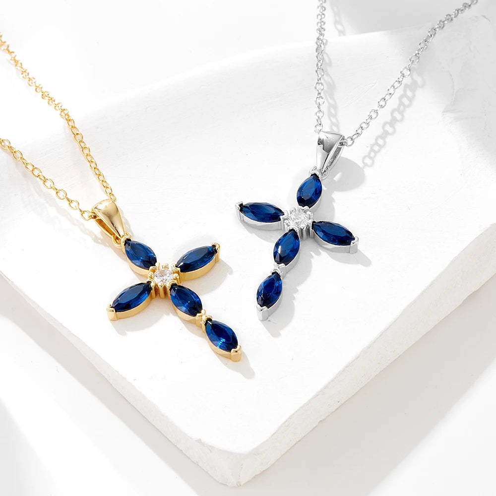 Sterling Silver Created Sapphire Cross Necklace