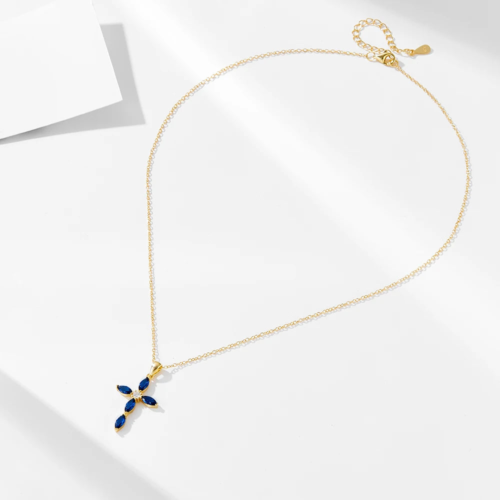 Sterling Silver Created Sapphire Cross Necklace