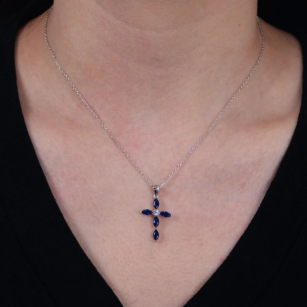 Sterling Silver Created Sapphire Cross Necklace