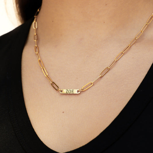 18K Gold PVD Engravable Paperclip Bar Necklace