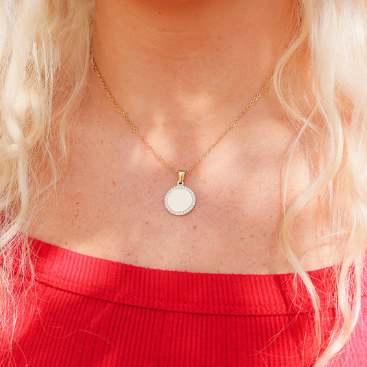 18K PVD Gold Stainless Steel Round Pendant with CZ Accents