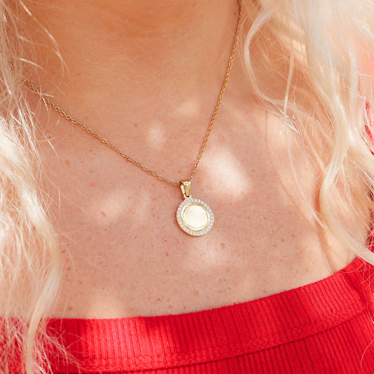 18K PVD Gold Stainless Steel Round Pendant with CZ Accents