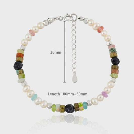 Blue Sandstone and Baroque Pearl 925 Sterling Silver Bracelet