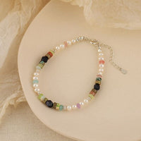 Blue Sandstone and Baroque Pearl 925 Sterling Silver Bracelet
