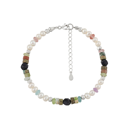 Blue Sandstone and Baroque Pearl 925 Sterling Silver Bracelet
