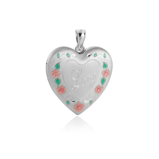 Heart Locket with Red Flowers and Green Leaves 925 Sterling Silver