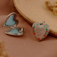 Heart Locket with Red Flowers and Green Leaves 925 Sterling Silver
