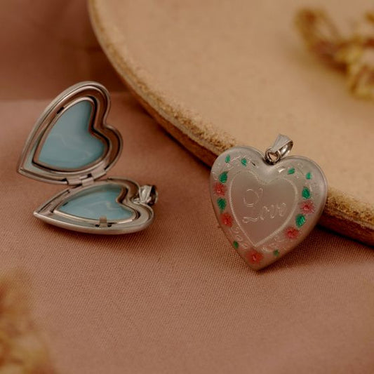 Heart Locket with Red Flowers and Green Leaves 925 Sterling Silver