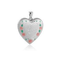 Heart Locket with Red Flowers and Green Leaves 925 Sterling Silver